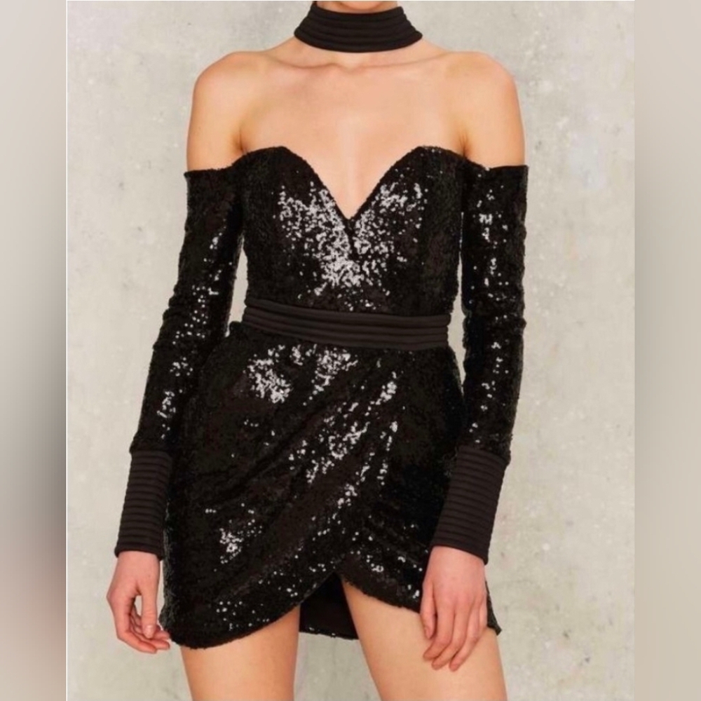 🖤Rare ZHIVAGO Elegant Black Sequin Off-Shoulder Dress US 8